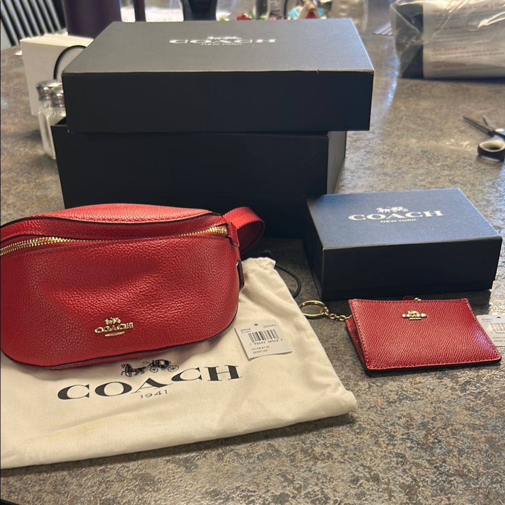 Coach Red Pebbled Leather Crossbody Belt Bag with Matching Card Case